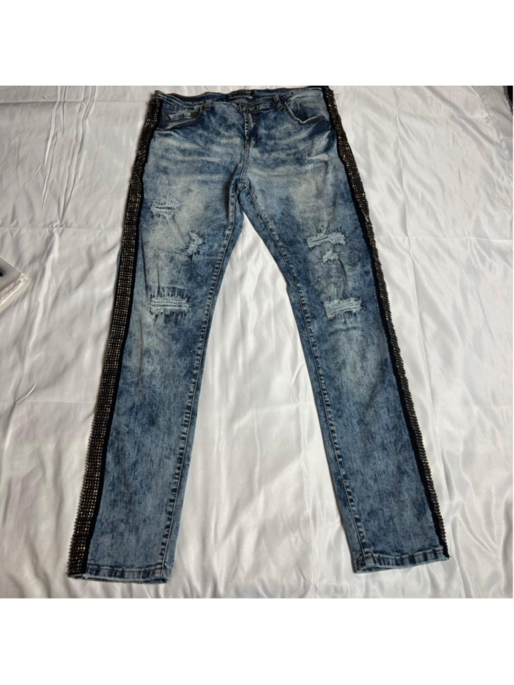 Men's Decibel Distressed Jeans Waist 36/32 Blue Black Rhinestone Side Stripe